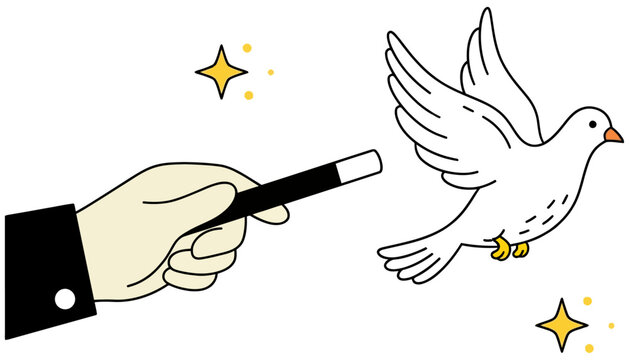 A hand in a tuxedo sleeve holds a magic wand conjuring a white dove with sparkling stars and dots around it illusion performance trick entertainment show mystery fantasy bird