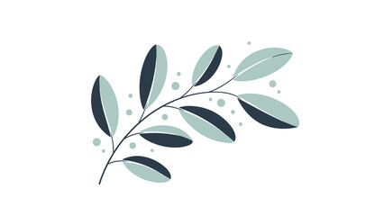 Obraz premium Minimalist branch with several two toned green and dark blue leaves surrounded by small scattered dots on a white background.