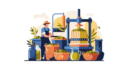 Fototapeta premium Farmer operating olive oil extraction machine with fresh olives.