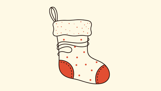 Classic Christmas stocking with a red toe and heel, white body with red polka dots, and a fluffy white trim on top.
