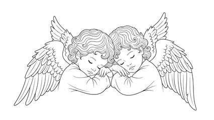 Fototapeta premium Detailed line drawing of two curly haired cherub angels peacefully sleeping with their heads resting on their arms.
