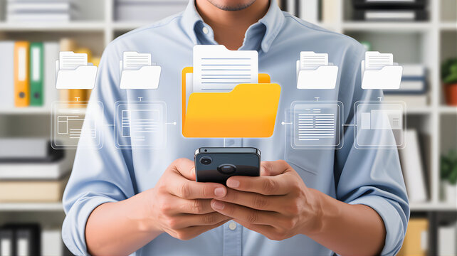 Man managing digital documents on smartphone, showcasing cloud storage, secure data access, and efficient mobile file organization for modern business and technological workflows