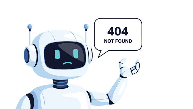 Cute robot character with sad expression and 404 not found speech bubble for website error page design and support.