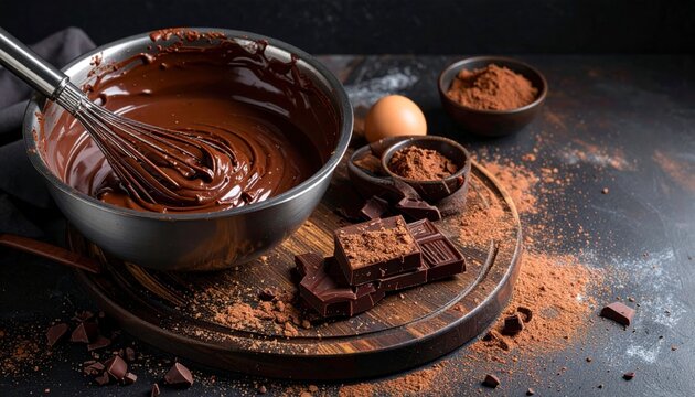 Chocolate batter being prepared with ingredients on a wooden board