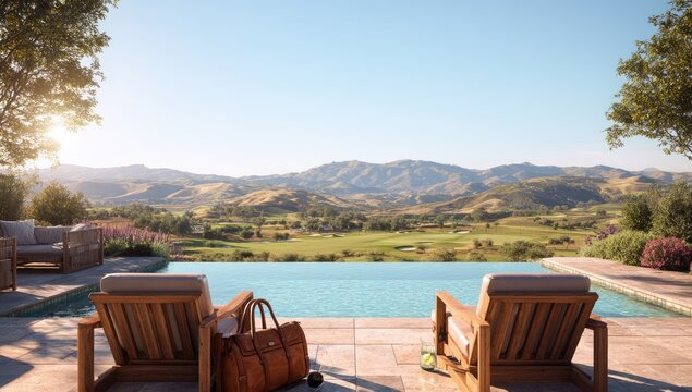 Luxurious outdoor lounge with infinity pool overlooking rolling hills and golf course