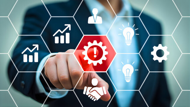 Businessman pointing at a critical alert or solution icon in a hexagonal network, symbolizing strategic problem-solving and innovation in a modern business context