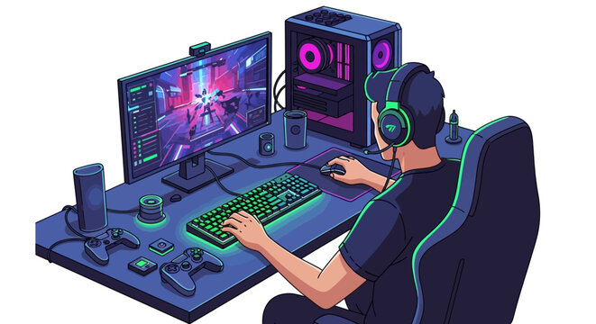 Gamer playing video games on a computer setup.
