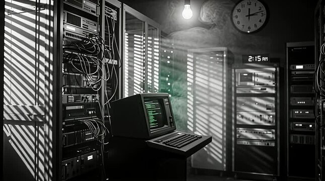 Retro server room ambiance with vintage computing equipment and blinds casting shadows, old technology, digital display, analog clock.