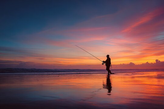 Silhouette of a lone angler on a beach at sunset with vibrant sky