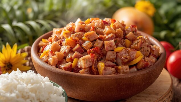 A bowl contains minced pork and ears, served cold. The meat is cut into small, uneven cubes and lightly seasoned, creating a flavorful side dish