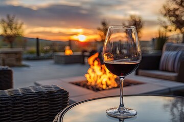Naklejka premium Red wine in glass on table with sunset, fire pit, and outdoor seating
