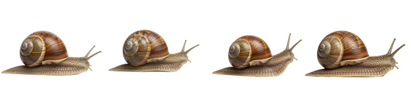 Four Snails in a Row on a White Background.