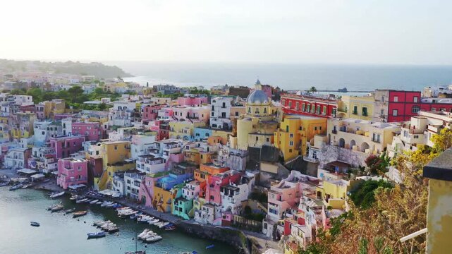 Panoramic view of colorful Procida Island overlooking the Mediterranean Sea, Italy
