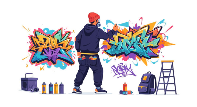 Graffiti artist creating vibrant street art on wall.