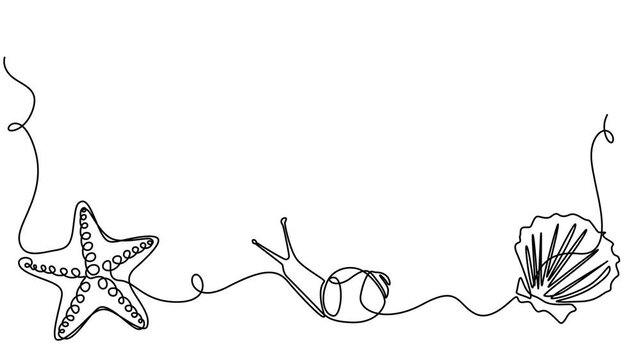 Frame with a marine theme, painted animation, Frame with a marine theme, painted in one continuous line in a minimalistic style. Editable vector contour, Abstract underwater world drawn with one line.