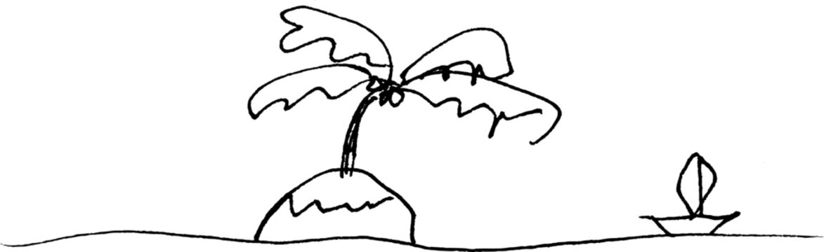 Monochrome simple pen drawing of a palm tree island and sailboat in a doodle style