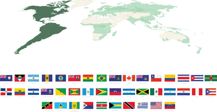 Americas map with country flags collection, North and South America nations flags set with continent highlight vector illustration