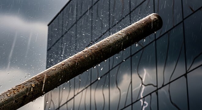 Rusty metal pipe on a glass roof in the rain