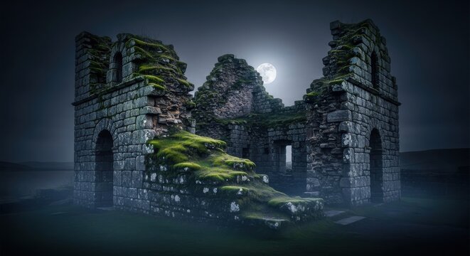 Ancient stone castle ruins bathed in ethereal moonlight on a mysterious night