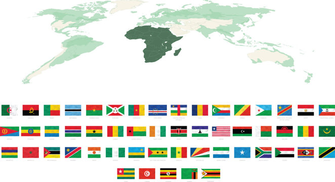 Africa map with country flags collection, African nations flags set with continent highlight vector illustration