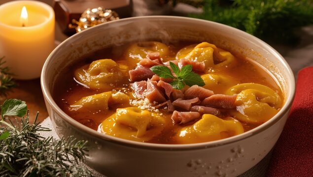 Pasta filled with meat and cheese in capon broth, a classic Italian holiday dish from Bologna
