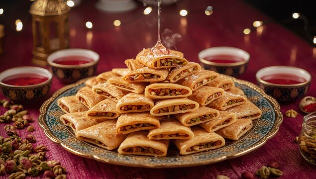Atayef or Qatayef are Middle Eastern pancakes filled with nuts and drenched in rose-sugar syrup, traditionally enjoyed during Ramadan