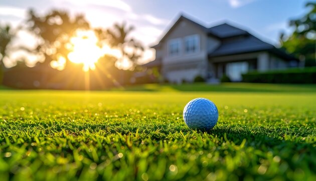 Golf ball on green grass with house and sunset in background.