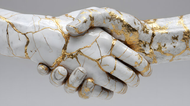 Elegant 3D Sculpture of Classical Marble Hands in a Handshake with Golden Detailing and Intricate Design