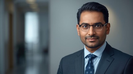 Fototapeta premium Professional man with glasses wearing a suit and tie, smiling confidently against a blurred office background.