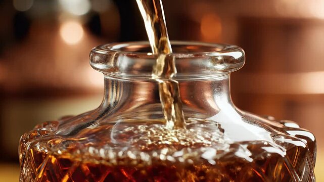 Amber liquid pours into a richly textured glass decanter with swirling patterns