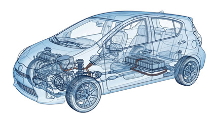 Fototapeta premium Technical 3D wireframe compact hybrid city car with x-ray view and translucent blue exterior body. Ideal for automotive and urban mobility concepts.
