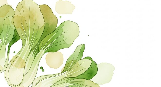 Fresh and Juicy Bok Choy in Soft Watercolor Illustration, Natural Asian Green Vegetable with Gentle Touch, High Resolution