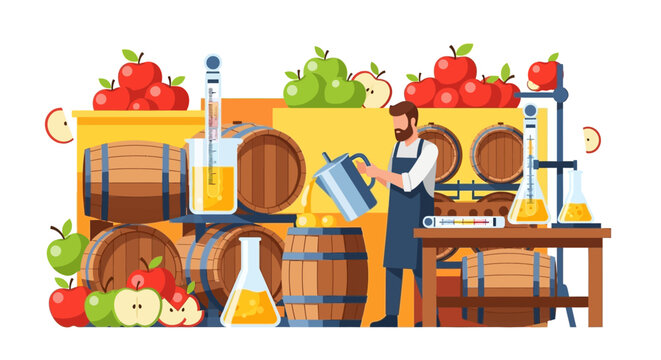 Man Brewing Cider in Rustic Distillery with Apples and Barrels.