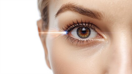 Obraz premium Laser eye correction, ophthalmology idea. Close-up of a woman's eye, laser on cornea, blank background with space
