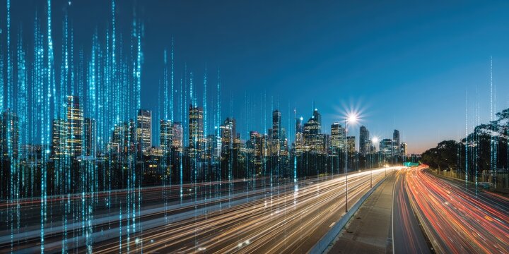 Digital data streams flow over a city skyline and highway at twilight