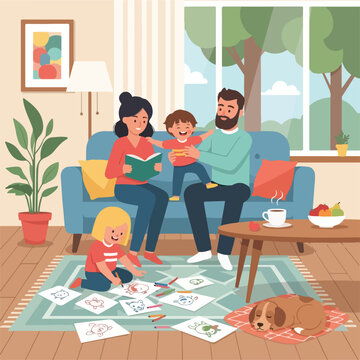 Family in a cozy living room; reading, drawing, and playing