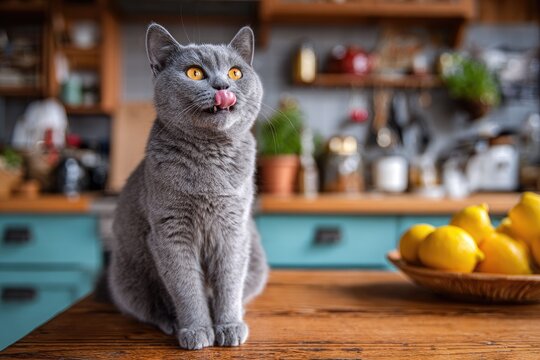 Fluffy grey cat with orange eyes licks its nose in a kitchen