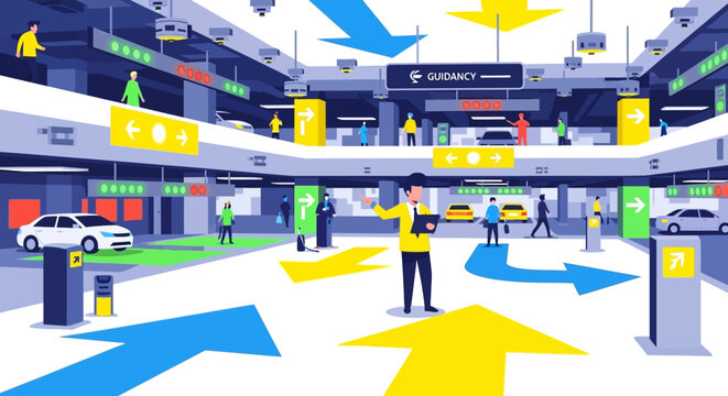 Man in yellow vest directing traffic flow in futuristic transport hub.