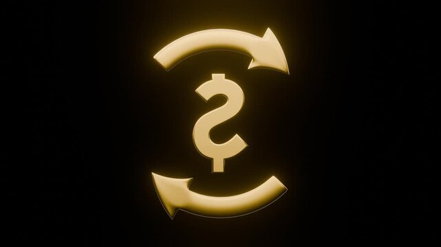 3D animated render of a dollar symbol rotating 360 degrees and a golden arrow rotating around it clockwise