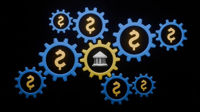 3D render animation of a spinning gear with a dollar and bank symbol in the center