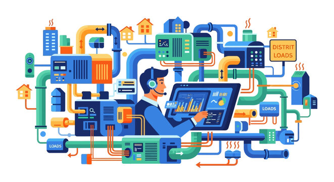 Man in headset controlling complex industrial system.