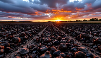Fototapeta premium Sunset Over Rugged Farmland with Tilled Soil