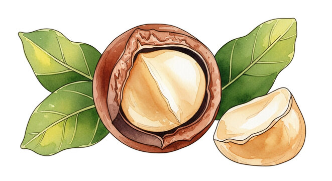 Macadamia nuts with green leaves in watercolor style for food and nutrition branding