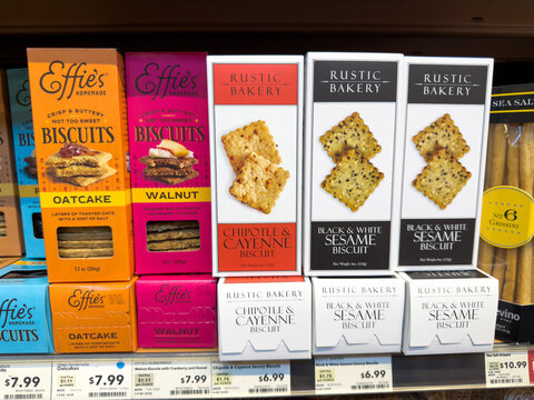 Effies Biscuits And Rustic Bakery Crackers Display On Grocery Store Shelf