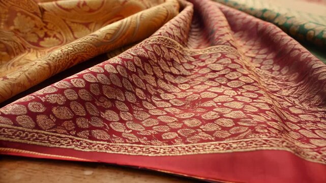Indian fabric textile gold red traditional pattern luxury design soft texture beautiful cloth ornamental silk decoration elegant draped woven