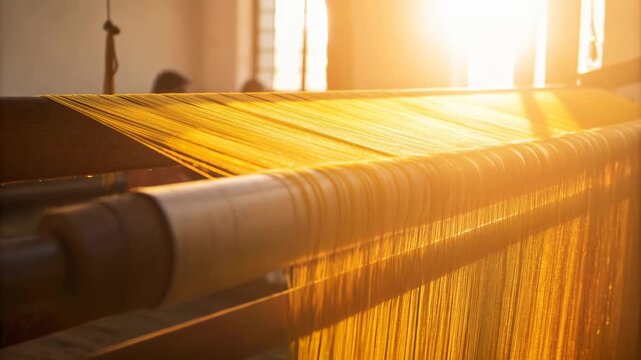 Golden thread weaving loom textile fabric Indian sunlight traditional handloom yarn artisan workshop indoor culture heritage cotton warm cultural