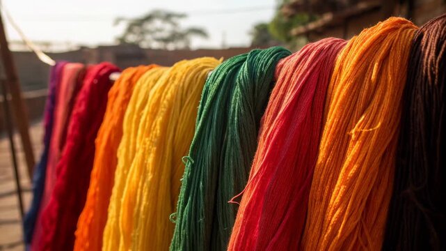 Indian colorful yarn thread hanging outdoors drying in warm sunlight with vibrant red orange yellow green shades textile fabric creating lively scene