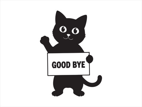 Cute cat silhouette holding goodbye sign vector cartoon animal character isolated on white background
