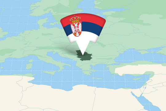 Serbia location map with national flag pin, Southeast Europe map with country marker vector illustration