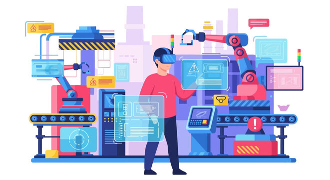 Man wearing VR headset interacting with futuristic factory automation.